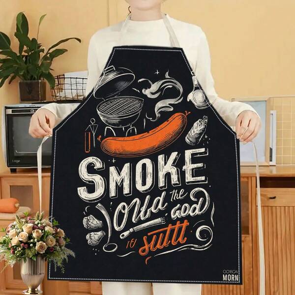 1pc 2D Flat Printed Smoke Grill Linen Apron For Home Cooking, Kitchen Wear And Cooking Enthusiasts