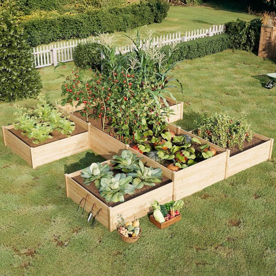 H-Shaped 12x12x2 FT Wooden Raised Garden Bed, Double-Layer Planter Box With 180 Cu.Ft Capacity, Perfect For Patio And Backyard Gardening - Wood - View 1