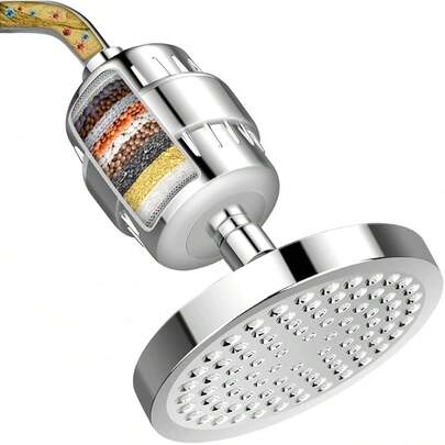 Cabezal de ducha de 6' con filtro de ducha de 15 etapas, cabezal de ducha de alta salida con cartucho de filtro para agua dura,elimina el cloro y sustancias nocivas (Cromo)