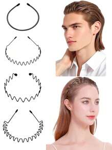 Street 5PCS Metal Waved Style Black Hairband For Men And Women, Casual Headwear For Boys And Women Sports Non-Slip Bangs Broken, Gold Head Piece, Hairband, Hair Hoop, Hair Band, Headbands