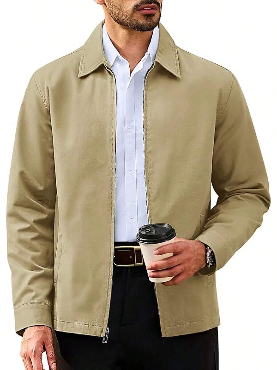 Men's Cotton Full Zip Up Work Jackets Turndown Collar Business Casual Windbreaker With 3 PocketsChristmas O5SK - Màu Khaki - Xem 1