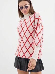 Pantaloni scurți de plajă tricotați casual cu nervuri, model patchwork, cu model romb - roșu - Vizualizare 3