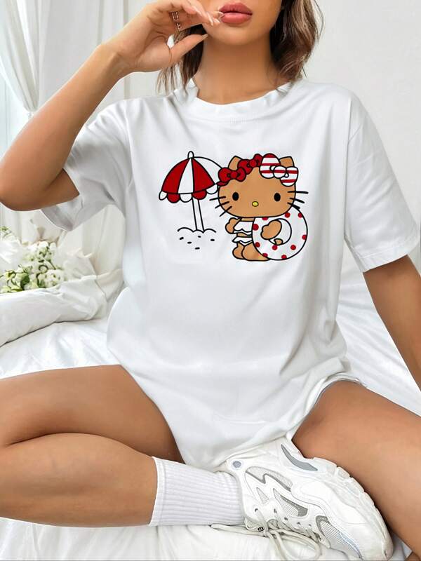 Sanrio Sanrio T-Shirt Women Hello Kitty Cartoon Print White Loose Short-Sleeved Top, Summer Versatile Couple And Best Friend Home Wear, Birthday, Valentine's Day, Christmas, Easter, Thanksgiving And Halloween Gifts