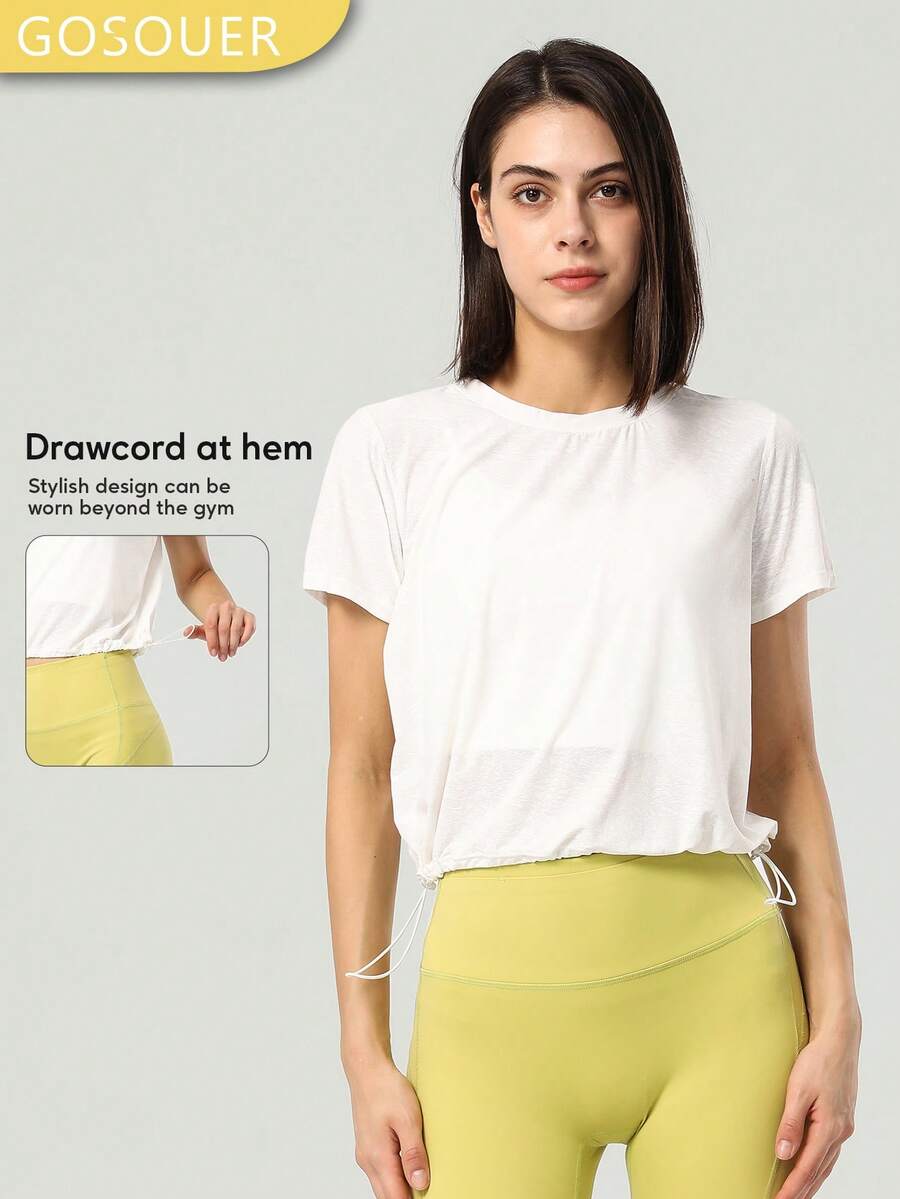 女士提花圆领宽松可调节抽绳运动健身上衣速干瑜伽上衣T恤