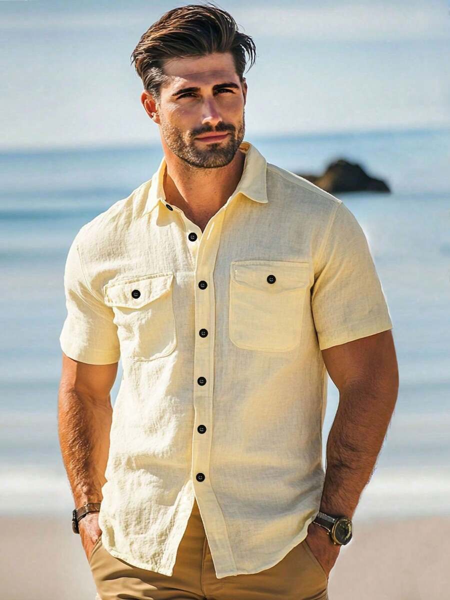 男士休闲夏威夷衬衫短袖，百搭海滩度假上衣，夏季 - 黃色 - 查看 1