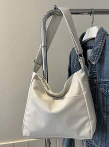 Solid Color PU Fabric Simple Large Capacity Handbag, Solid Color Casual Shoulder Bag, Women's Multifunctional Fashionable Portable Handbag, Retro Wide Shoulder Strap Square Bag, Fashionable Travel Shopping Bag, New Business Leisure School Commuting Shoulder Bag