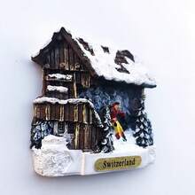 Naklejka magnetyczna na lodówkę z drewnianym domkiem w szwajcarskim ośrodku narciarskim 3D, kreatywna pamiątka z podróży, dekoracyjna naklejka rzemieślnicza