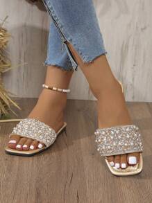 Sandalias de mujer de talla grande, de lujo, con punta cuadrada antideslizante, decoradas con brillantes rhinestones y perlas, versátiles para la playa y vacaciones
