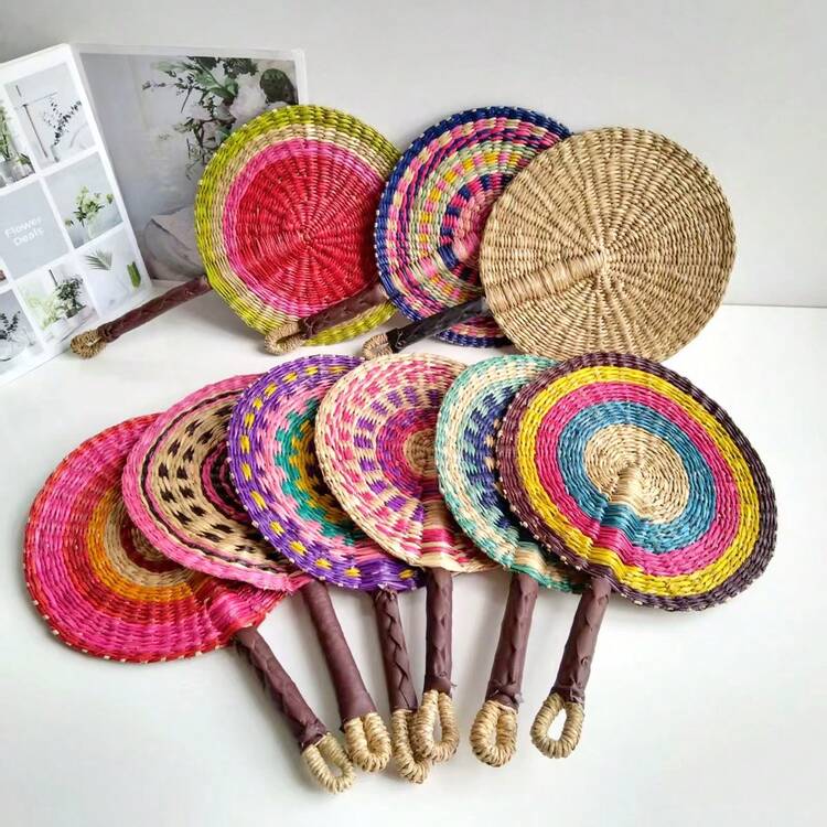 1 szt. 14,96 cala długości x 9,06 cala szerokości tkany wentylator słomkowy, kolorowy tkany wentylator ścienny do letniego chłodzenia - Wielokolorowe - Zobacz 2