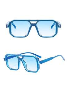 1 件装新款女士蓝色双桥半框方形复古时尚眼镜，适合日常佩戴飞行员形状墨镜