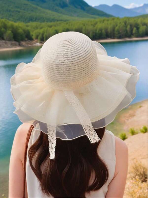 1 pièce Chapeau de soleil d'été pour femmes - Boho et élégant, en paille avec double dentelle et nœud, pliable, avec options de couleurs multiples