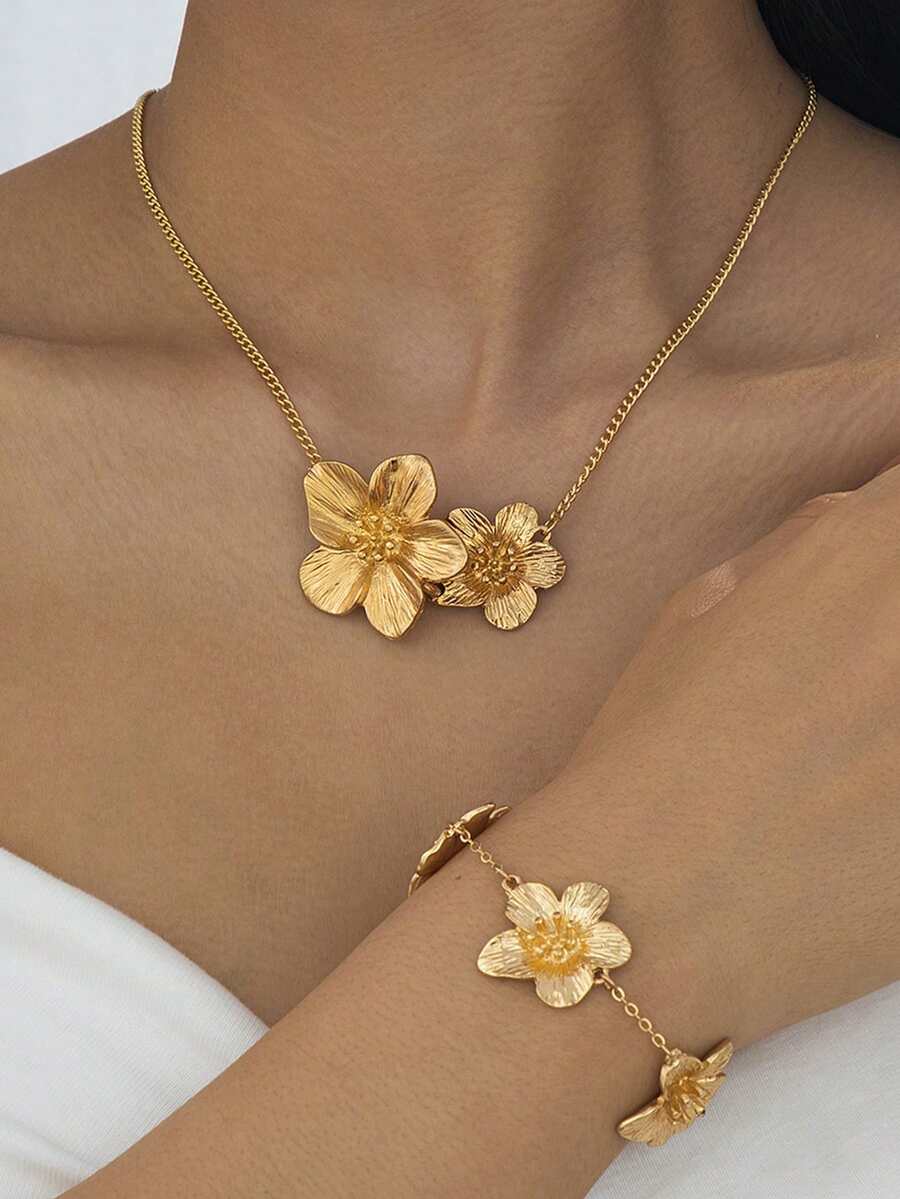 1 件优雅度假风格五瓣花吊坠项链和 1 件手链女士首饰套装，适合度假/音乐节佩戴，可自由搭配 - 金黃色 - 查看 1
