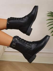 2025秋季新款低跟平底圆头系带侧拉链休闲时尚女靴，派对靴 - 黑色 - 查看 2