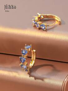 Hihho 1 对时尚优雅简约蓝色闪亮锆石环状耳环，适合女孩的个性化珠宝，情人节或派对礼物