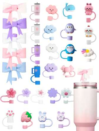 12 piezas/13 piezas/14 piezas Accesorios para tazas - Cubiertas de pajita a prueba de fugas 2 en 1 para fundas a 30 onzas Manga de silicona + Chupetes a Prueba de derrames para senderismo,tes y portavasos de coche (rosa / azul/morado/blanco)