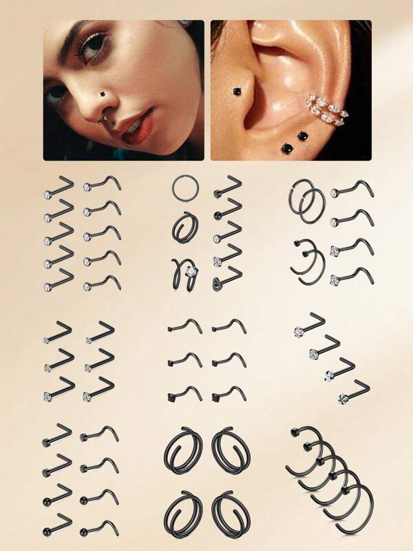Black Nose Rings Studs 20G Hoop Nose Ring Nose Rings Stud Nose/Body Piercing Jewelry, Black Nose Rings Hoops Nose Studs Set, Nose Screw Studs Screw L-Shaped Nose Studs, Nostril Nose Piercing Jewelry Nose Rings For Women, Stainless Steel Nose Screw Studs Nose Ring Hoop With White Black CZ, Double Nose Hoop Ring For Women
