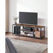 Soporte de TV moderno para televisores de hasta 65", centro de entretenimiento de 3 niveles, consola de TV industrial con estantes abiertos, para el hogar, marrón rústico y negro, ULTV097B01 - MarrÓn RÚstico + Negro - Ver 4