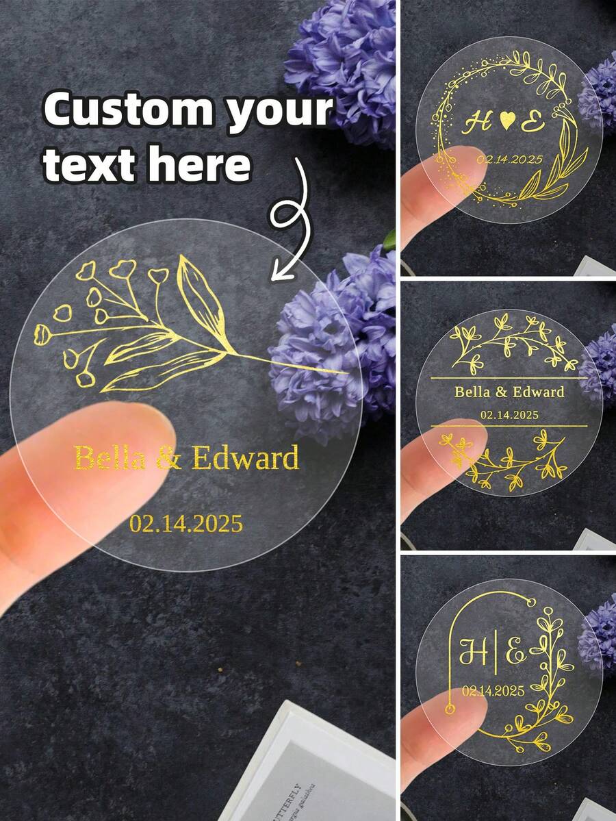 1~120pcs Custom Name/Date Stickers, Round Transparent Gold Foil, Wedding Stickers, Personalized Anniversary Labels, Customized Text Party Favour Labels, Gold Stamping,Ornamental, High-Quality, Colorful, Custom, Unique, Personalized, Ideal Gifts,Ideal Gifts For Friends Home, For Anniversaries, For Birthdays, - Multicolor - View 1