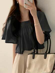 休闲短袖方领泡泡袖衬衫，修身 - 黑色 - 查看 4