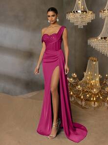 Elisanya Elegantes, anspruchsvolles Satin-Maxikleid mit asymmetrischem Schnitt, paillettenbesetzter Schulter und hochgeschlitztem Fischgrät-Saum in Taillenhöhe | Dramatischer Abendlook - Heißes Pink - Übersicht 6