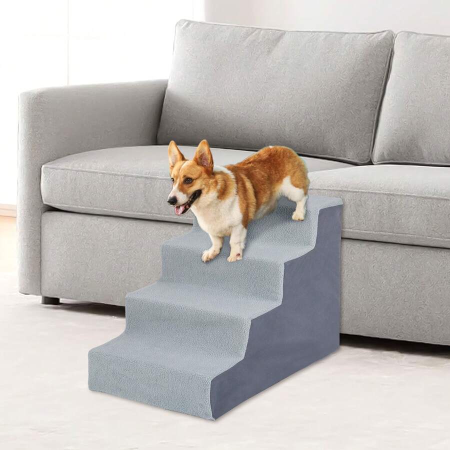 Washable Pet Stairs For Small Dogs & Cats – Soft Non-Slip Plush Cover With Stable 3/4-Step Design" - 4 Steps Gray - View 1