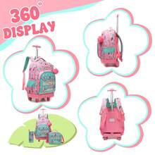 3pcs Girls Rolling Backpack Set, Includes Crossbody Bag And Pencil Case, Suitable For School Use, Back To School Season - Pink Green 18704T - View 4