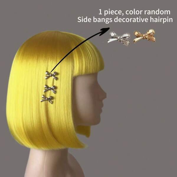 1 Set Of Yellow Bob Wig + Random - Colored Bow Hair Clip, Sweet And Cute Style, Suitable For Multiple Occasions, Easily Create A Playful Atmosphere, Cosplay - Friendly For Halloween/Carnival/Christmas