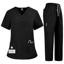 1 Set V-Neck Short Sleeve Slim Fit Shirt And Drawstring Straight Leg Casual Pants, Scrubs Set, Healthcare Scrub Uniform Set - Black - View 2