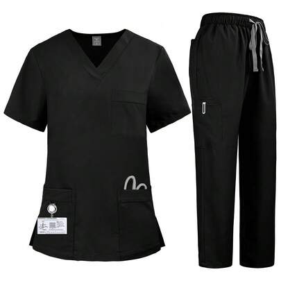 1 Set V-Neck Short Sleeve Slim Fit Shirt And Drawstring Straight Leg Casual Pants, Scrubs Set, Healthcare Scrub Uniform Set