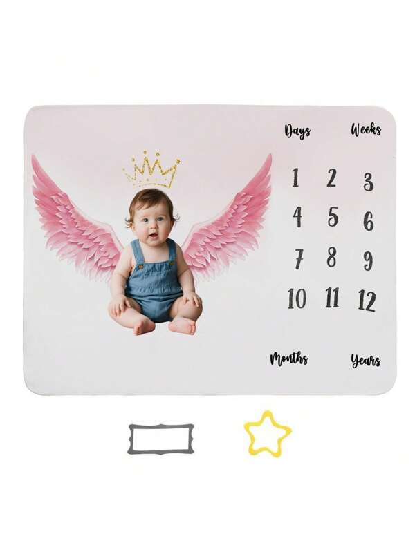 1PC Pink Winged Polyester Newborn Full Moon Commemorative Blanket, Background Decorative Blanket, Crown Flannel Milestone Commemorative Baby Blanket For Girl, Baby And Children