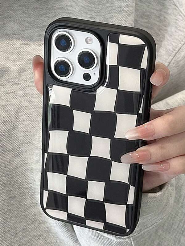 Check Pattern1pc Black & White Geometric Matte Anti-Scratch Epoxy Resin PC Hard Phone Case, Shockproof Cover, Compatible With Iphone 16 Pro Max/14/13/15 Plus/16, Galaxy S25 Ultra/S25+/S25e/S24 FE/S24 Plus, Mate 70 Pro/60 Pro, PURA 70 Pro/PURA 70 Ultra, Mi 14 Ultra/Mi 15 Pro, Birthday Gift For Friends