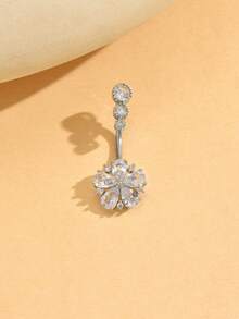 1pc Minimalist Rhinestone Flower Navel Ring, Fashion Sexy Body Piercing Belly Button Ring - Silver - View 3