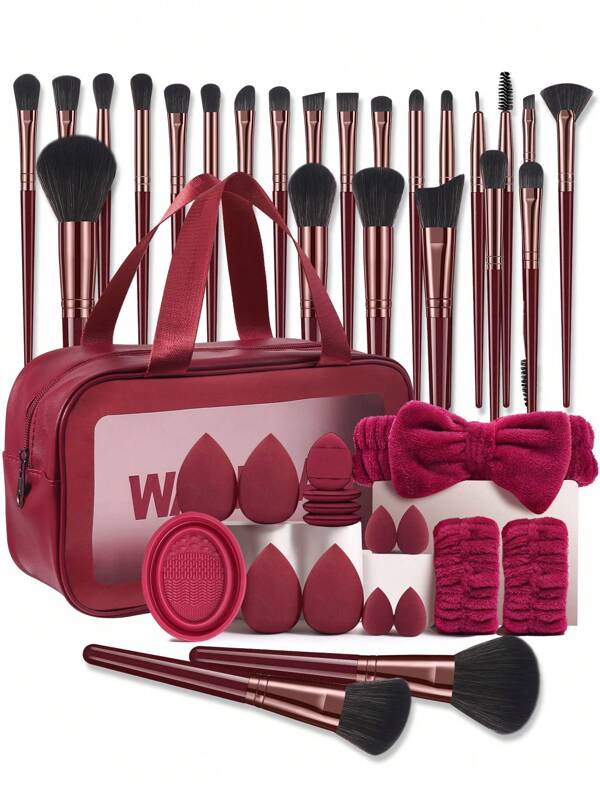 6/25/42PCS Makeup Tools Set Including:1pc Multi-Functional Zipper Toiletry And Cosmetic Bag Waterproof+25PCS Makeup Brush Set+4PCS Makeup Sponges+4PCS Mini Makeup Sponges+4PCS Mini Air Cushion Powder Puffs+1pc Hairband+2PCS Hand Bowl Strap+1pc Makeup Brush Cleaning Tools