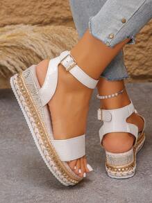 1 Pair Beige Thick-Soled Sandals For Teen Girls, Fashion Summer Wedge Heel Beach Sandals, Lightweight Waterproof Platform Sandals Suitable For Holidays And Everyday Wear
