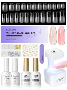 peacecolor 11 piezas Juego de puntas de uñas - 240 piezas Puntas de uñas postizas de cobertura completa - Puntas de uñas mates y transparentes, Puntas de extensión de uñas falsas cuadradas y almendradas cortas, Esmalte de gel translúcido de color rosa nude de 10 ml, Mini lámpara UV/LED, Top Coat de 10 ml, Pegamento para uñas, Herramientas y suministros para uñas para diseño de salón DIY, regalo de Navidad para mujeres