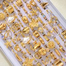 15pcs/Set Flower, Gemstone, Pearl, Star, Wrinkle, Teardrop, Glossy Textured Wide Chunky Rings, Fashion, Elegant, Vintage, Cute Design, Suitable For Holidays, Parties, Dates, Gifts, Daily Wear (Random Delivery)