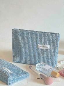 时尚闪光牛仔化妆包；高品质便携式高端大容量收纳包便携式旅行化妆刷收纳化妆包大号化妆包女士旅行沐浴淋浴收纳化妆包护肤化妆品、钱包、小物品收纳、旅行必备套装日常办公室通勤、情人节、圣诞节、感恩节、伴娘婚礼用品