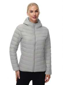 Winter Plus Size Women's Lightweight Packable Down Jacket, Hooded Long Sleeve Work Coat, Warm & Windproof For Autumn/Winter - Light Grey - View 5
