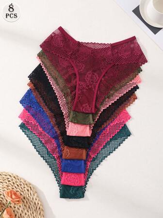 8 件性感蕾丝拼接低腰无缝比基尼内裤 - 透气柔软内衣，适合女士日常穿着和运动瑜伽，无 VPL 三角裤内衣