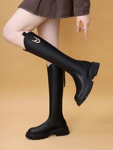 Botas muslo negro para mujer 2025 Otoño/Invierno Nuevos Llegados, Botas sin rodilla planas con hebilla de metal, Botas de media pantorrilla delgadas, Talla grande 43 - Negro - Ver 1