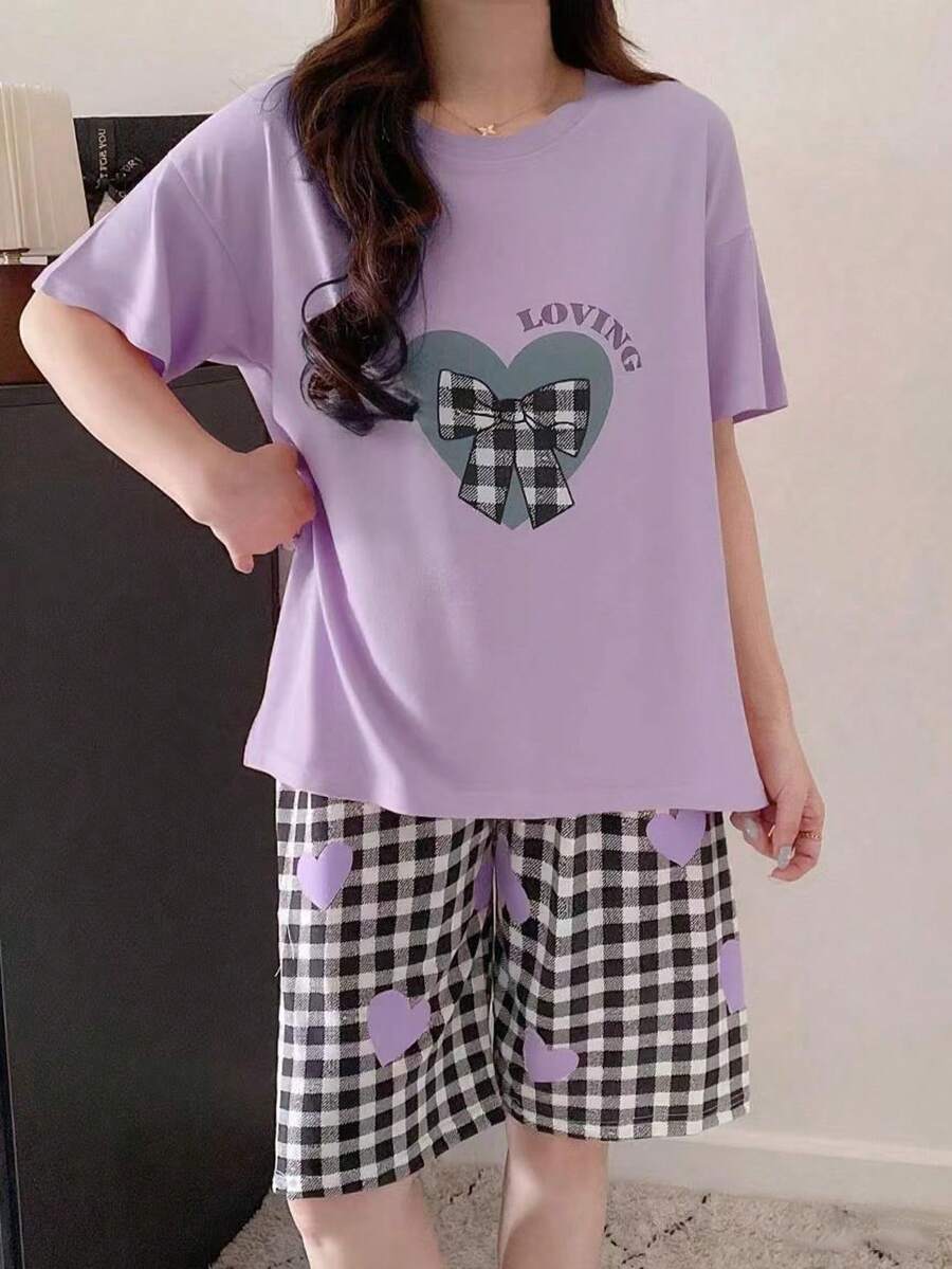 AICJ 2 件女士舒适心形格子蝴蝶结字母印花睡衣套装 - 短袖圆领 T 恤和短裤，针织面料，宽松休闲，适合春夏季，孕妇家居服 - 紫色 - 查看 1