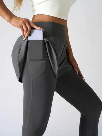 女士二合一弹力长款运动裤，带双侧口袋，跑步健身紧身裤