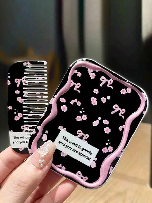 1pc INS Style Folding Mirror & Comb Combo Makeup Mirror, Portable Student Pocket Mirror Set