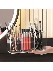 1pc Acrylic Smooth Three Compartment Brush Holder, Office Desktop Cosmetics Storage Box, Transparent Plastic Makeup Brush Holder, Toilet Vanity Storage Rack, Suitable For Brush, Eyebrow Pencil, Cosmetics Storage, Bathroom Storage, Perfume Stand ShelfBedroom Storage, Bedroom Decoration, Travel Essentials, Bathroom Accessories