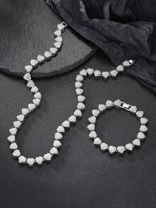 LIGHTSOME 水晶镶嵌心形链条项链和手链套装，女士优雅嘻哈链条钻石心形项链，闪亮派对珠宝，适合女性，日常和场合佩戴，圣诞礼物，多种尺寸可选 - 愛心 - 查看 2