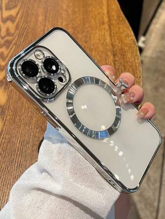 1 件银色电镀磁性全覆盖手机壳，带镜头膜，适用于 11、15、16 Pro Max、14 Pro Max、Plus、12、13、16E、17 Pro/17 Pro Max/17 Air/17