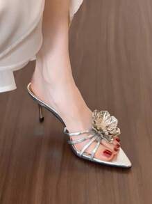 女士真丝面料花朵装饰凉鞋，夏季户外，精致百搭设计，2025年新品上市