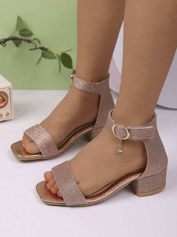 1 Paar rosa Mädchen Peep-Zehen Prinzessin Pailletten High-Heel-Sandalen, modisch und vielseitig