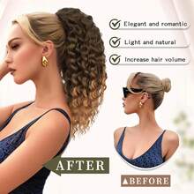 马尾辫接发，卷曲抽绳马尾辫接发，适合自然黑色卷发夹式接发，18 英寸合成假发，适合日常派对，T27