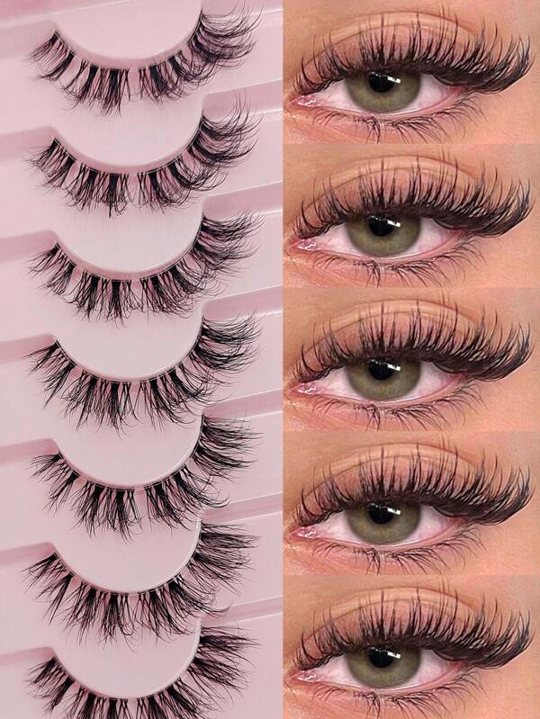 Rikuaild 7 Paar unordentliche natürliche Katzenauge Wimpern mit klarem Band, Katzenauge Look, verwischt, langgezogenes komplettes Streifen Soft Natural Realistic Falsche Wimpern